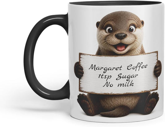 Vixar Personalised Otter Mug with Name or Custom Message – Cute Animal Coloured Ceramic Mug Cup Gift, 11oz (Black)
