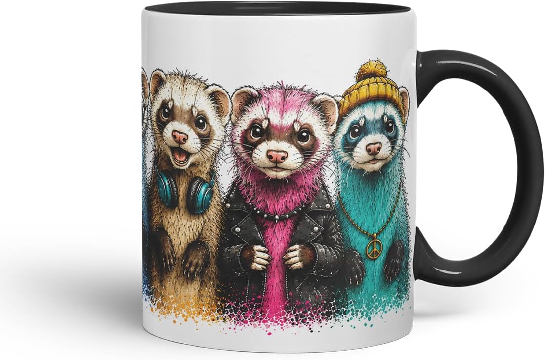 Ferret Mug – Cute Ferret Animal Coloured Ceramic Mug Cup Gift, 11oz (Black)