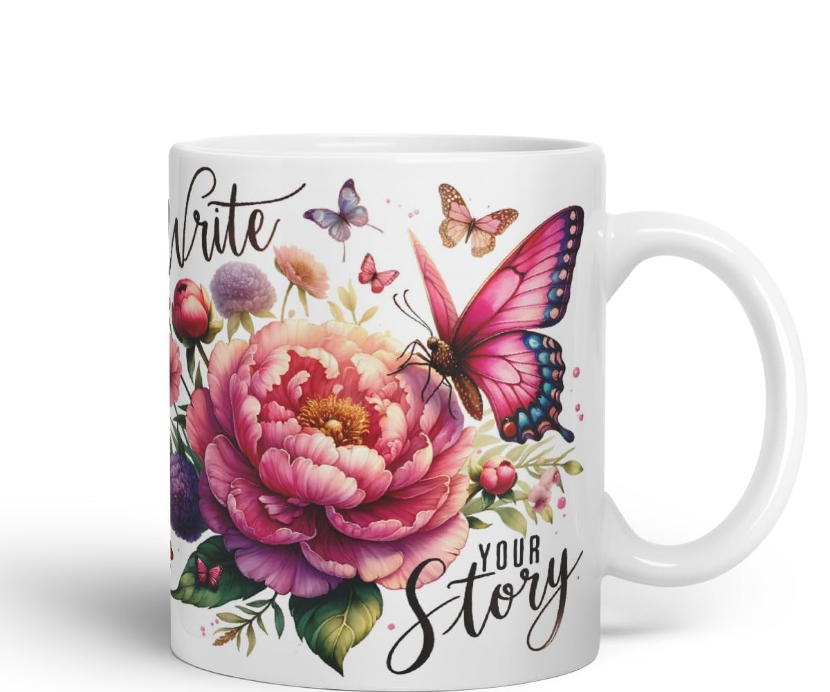 Vixar Write Your Story Butterfly Coloured Mug Cup Floral Inspirational Gift 11oz (Black)