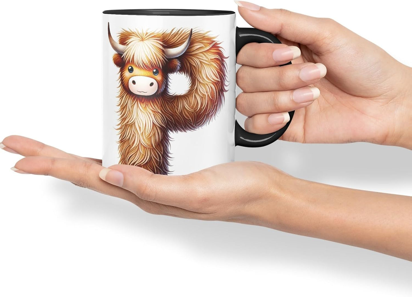 Highland Cow Alphabet Monogram Coloured Ceramic Cup Mug Letter P Rustic Farmhouse Animal Letter Gift V2 11oz (Black)