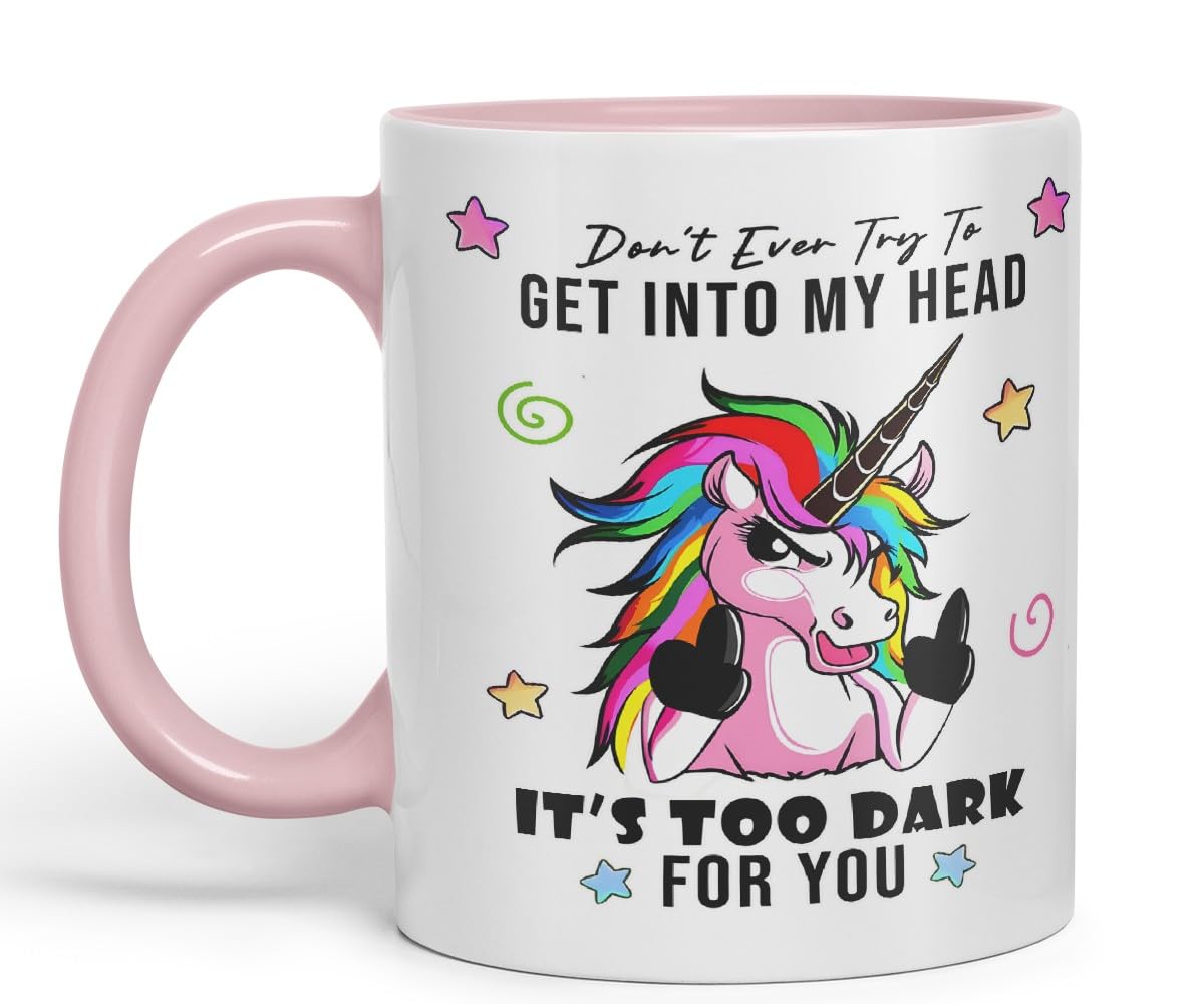 Vixar Don’t Ever Try to Get Into My Head – Funny Unicorn Coloured Mug Cup 11oz (Black)