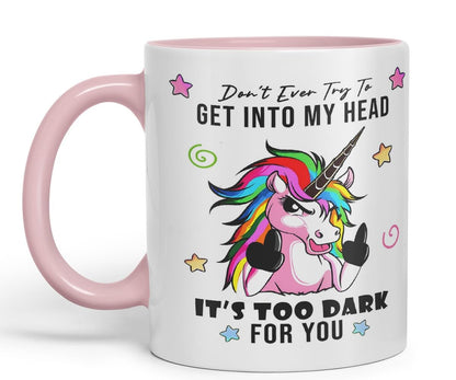 Vixar Don’t Ever Try to Get Into My Head – Funny Unicorn Coloured Mug Cup 11oz (Black)