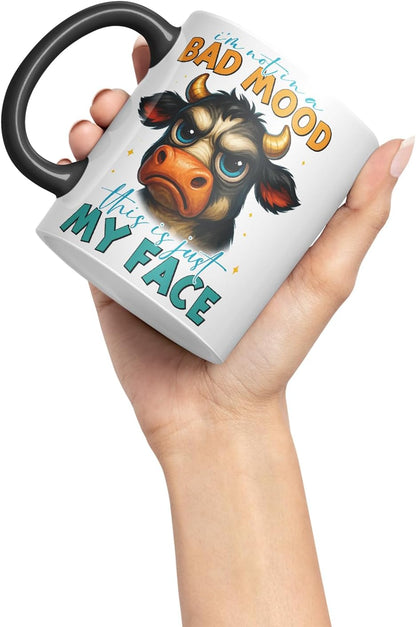 Vixar I'm Not in A Bad Mood This is Just My Face Sarcastic Cow – Coloured Ceramic Mug Cup Gift, 11oz (Black)