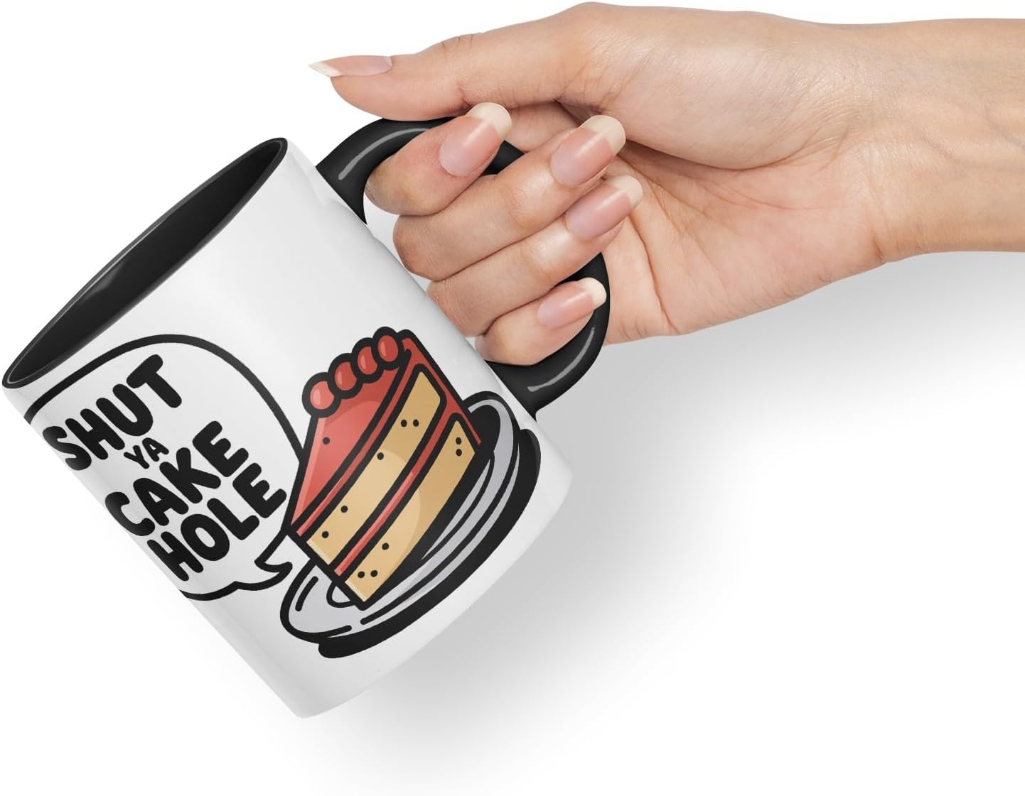 Vixar Shut Ya Cake Hole Funny Cake Mug – Coloured Ceramic Mug Cup Gift, 11oz (Black)