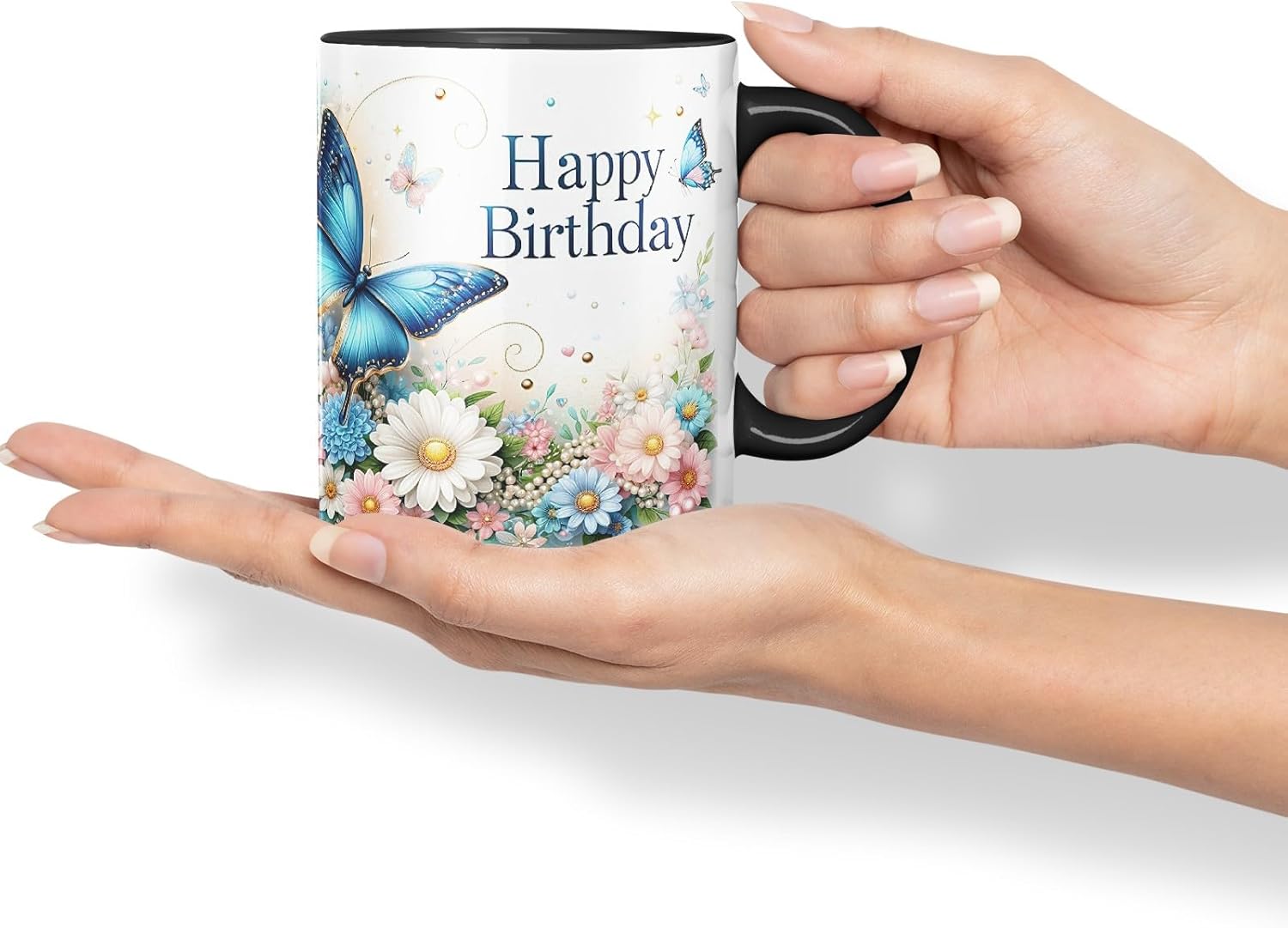 Vixar Happy Birthday Blue Butterfly Flowers Coloured Ceramic Mug Cup Gift 11oz V4 (Black)