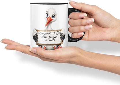 Vixar Personalised Stork Mug with Name or Custom Message – Cute Animal Coloured Ceramic Mug Cup Gift, 11oz (Black)