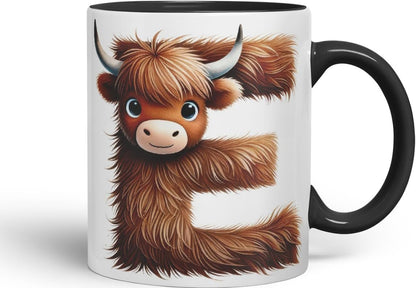 Highland Cow Alphabet Monogram Coloured Ceramic Cup Mug Letter E Rustic Farmhouse Animal Letter Gift V2 11oz (Black)