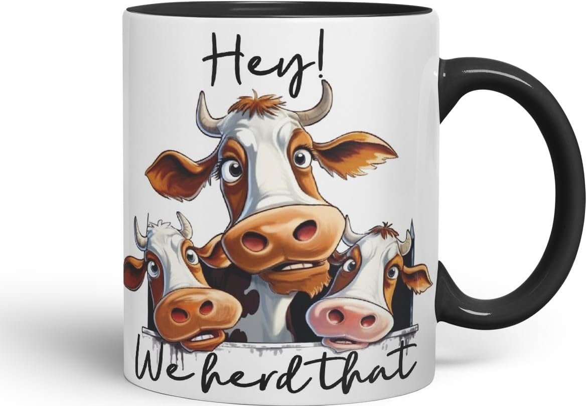 Vixar Hey! We Herd That Cow Joke Coloured Ceramic Mug Cup Gift, 11oz (Black)