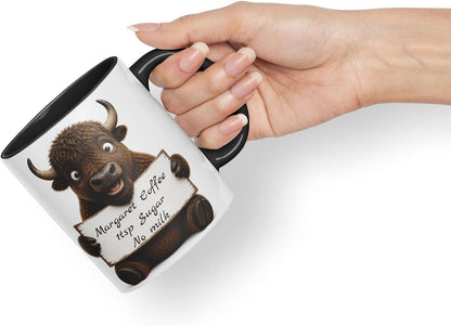 Vixar Personalised Bison Mug with Name or Custom Message – Cute Animal Coloured Ceramic Mug Cup Gift, 11oz (Black)