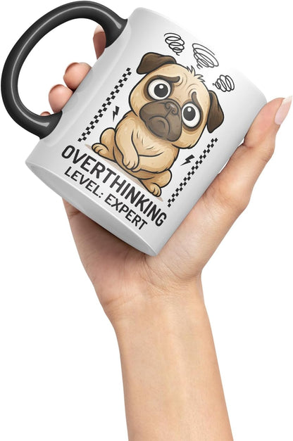 Vixar Overthinking Level Expert Pug Dog Mug – Coloured Ceramic Mug Cup Gift, 11oz (Black)