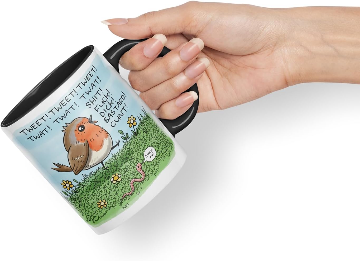 Vixar Funny Robin Bird Swearing Joke Mug – Coloured Ceramic Mug Cup Gift, 11oz (Black)