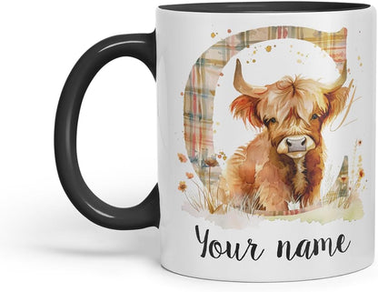Vixar Personalised Highland Cow Initial Letter C Custom Name Mug – Coloured Ceramic Mug Cup Gift, 11oz (Black)