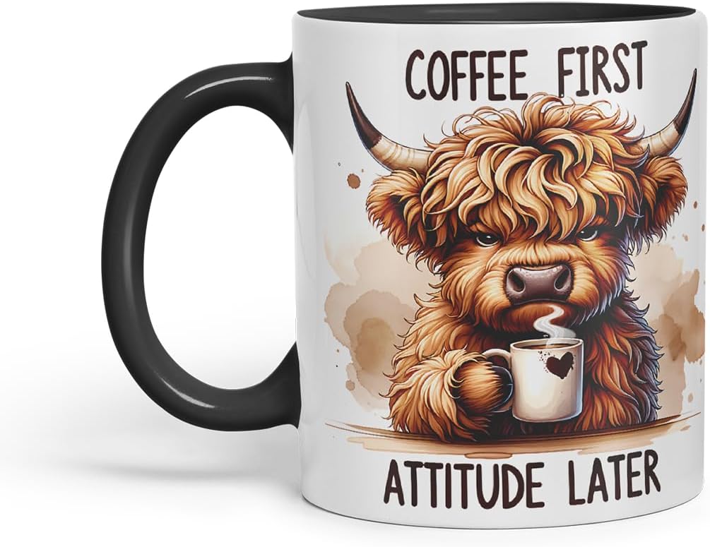 Vixar Coffee First Highland Cow Mug – Coloured Ceramic Mug Cup Gift, 11oz (Black)