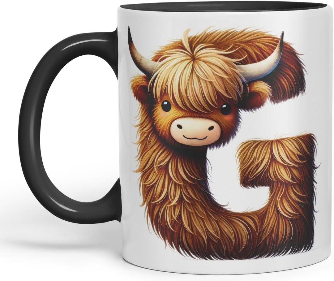 Highland Cow Alphabet Monogram Coloured Ceramic Cup Mug Letter G Rustic Farmhouse Animal Letter Gift V2 11oz (Black)