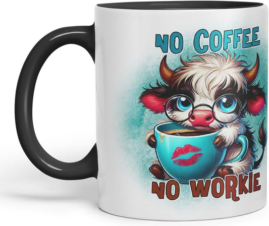 Vixar No Coffee No Workie Highland Cow Coloured Ceramic Mug Cup Gift for Coffee Lovers 11oz (Black)
