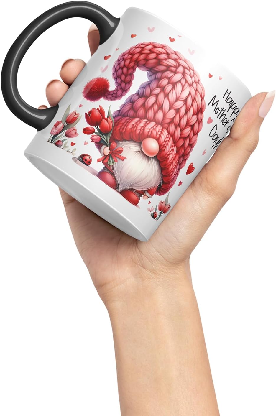 Vixar Happy Mother's Day Cute Red Gnome Mother Mum Mug – Coloured Ceramic Mug Cup Gift, 11oz (Black)