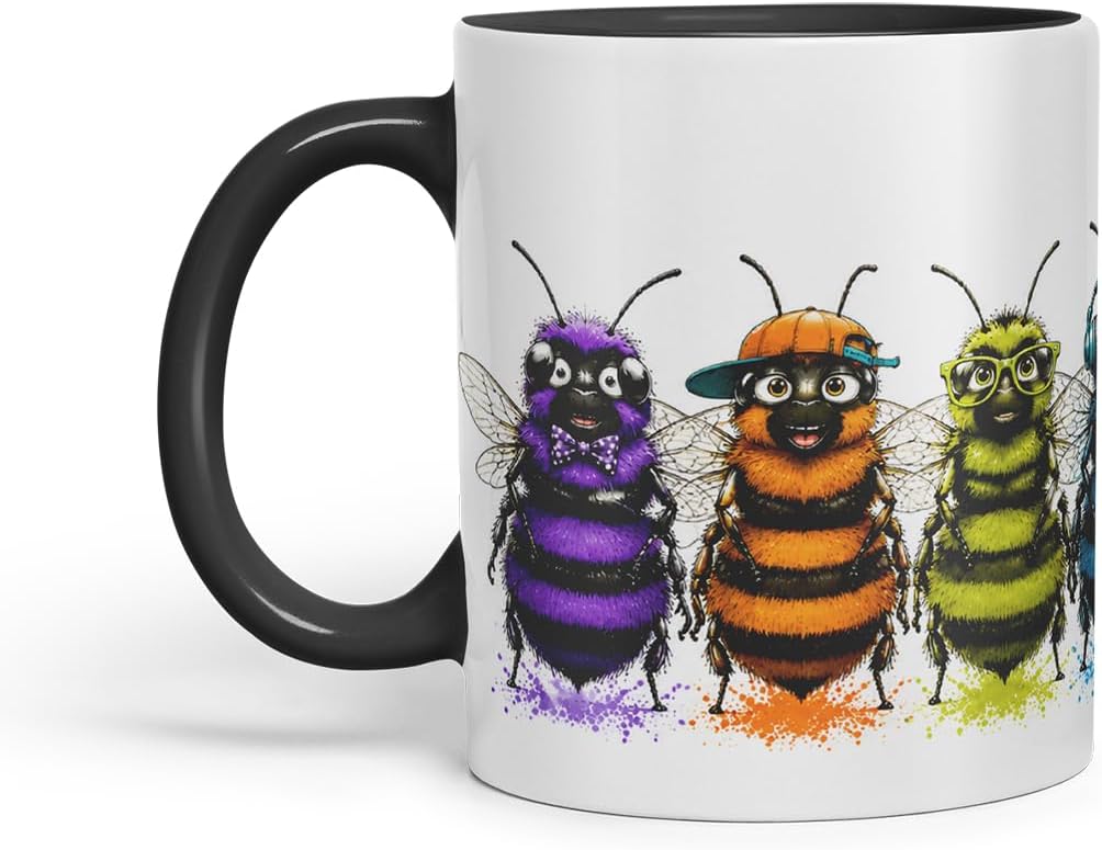 Vixar Funny Bees Mug – Cute Bee Animal Coloured Ceramic Mug Cup Gift, 11oz (Black)