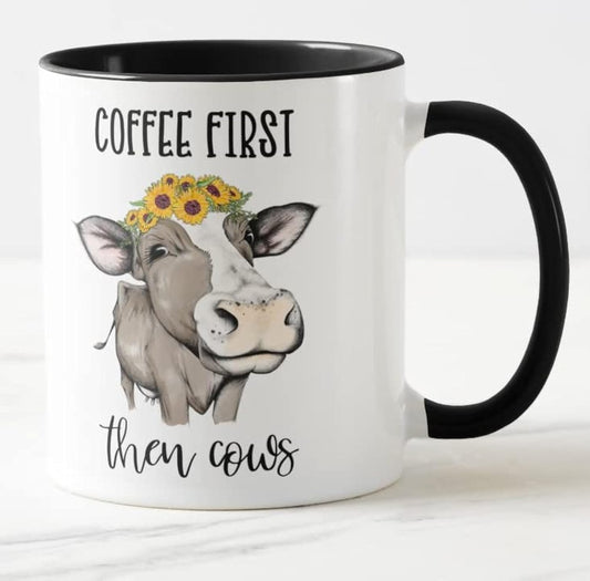 Vixar Coffee First Then Cows Coloured Mug Cup Gift Birthday Work Office Christmas Tea Coffee