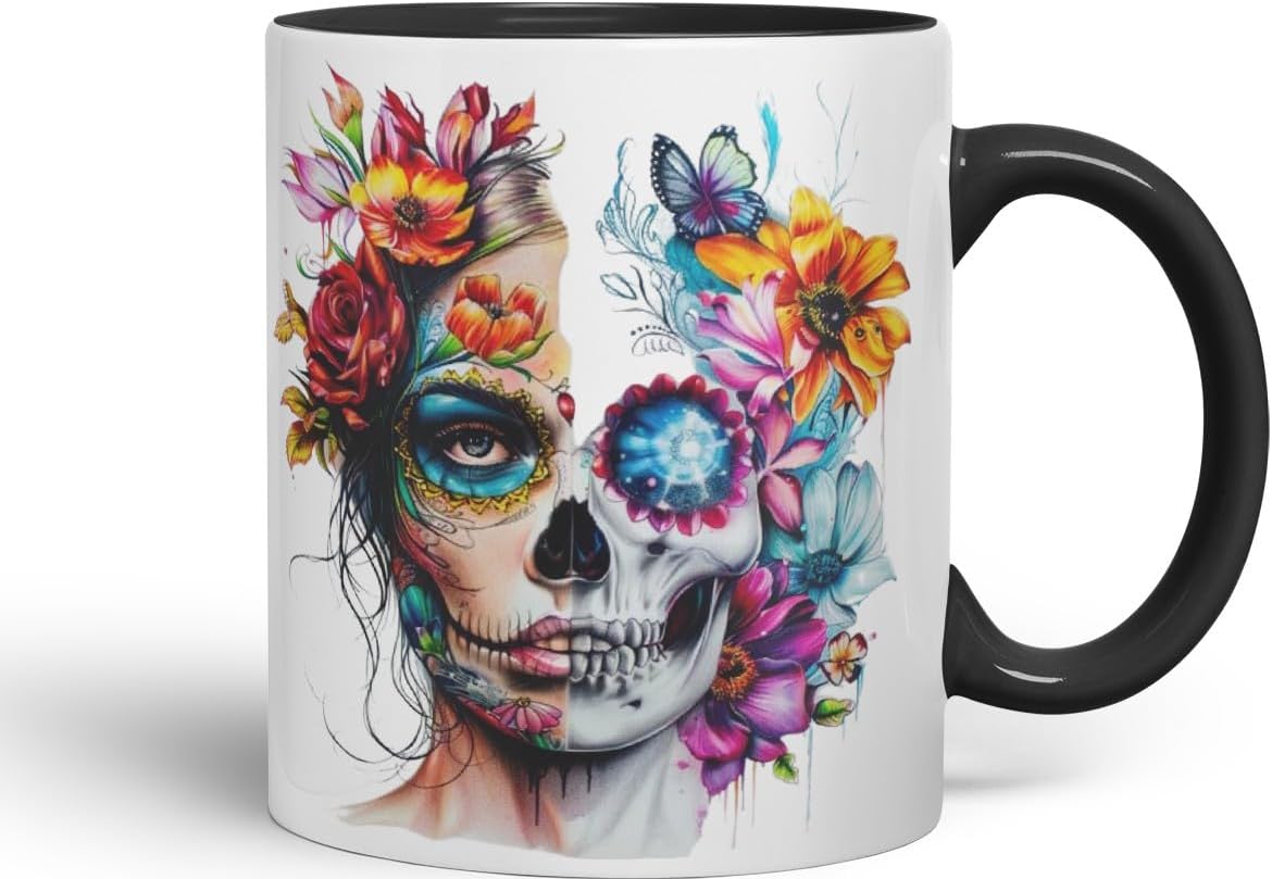 Vixar Sugar Skull Floral Woman Mug – Artistic Day of The Dead Design, Boho Coloured Mug Cup V1 (Pink)