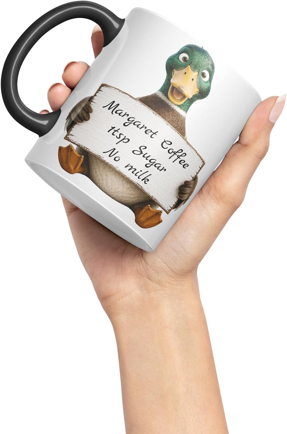 Vixar Personalised Duck Mug with Name or Custom Message – Cute Animal Coloured Ceramic Mug Cup Gift, 11oz (Black)