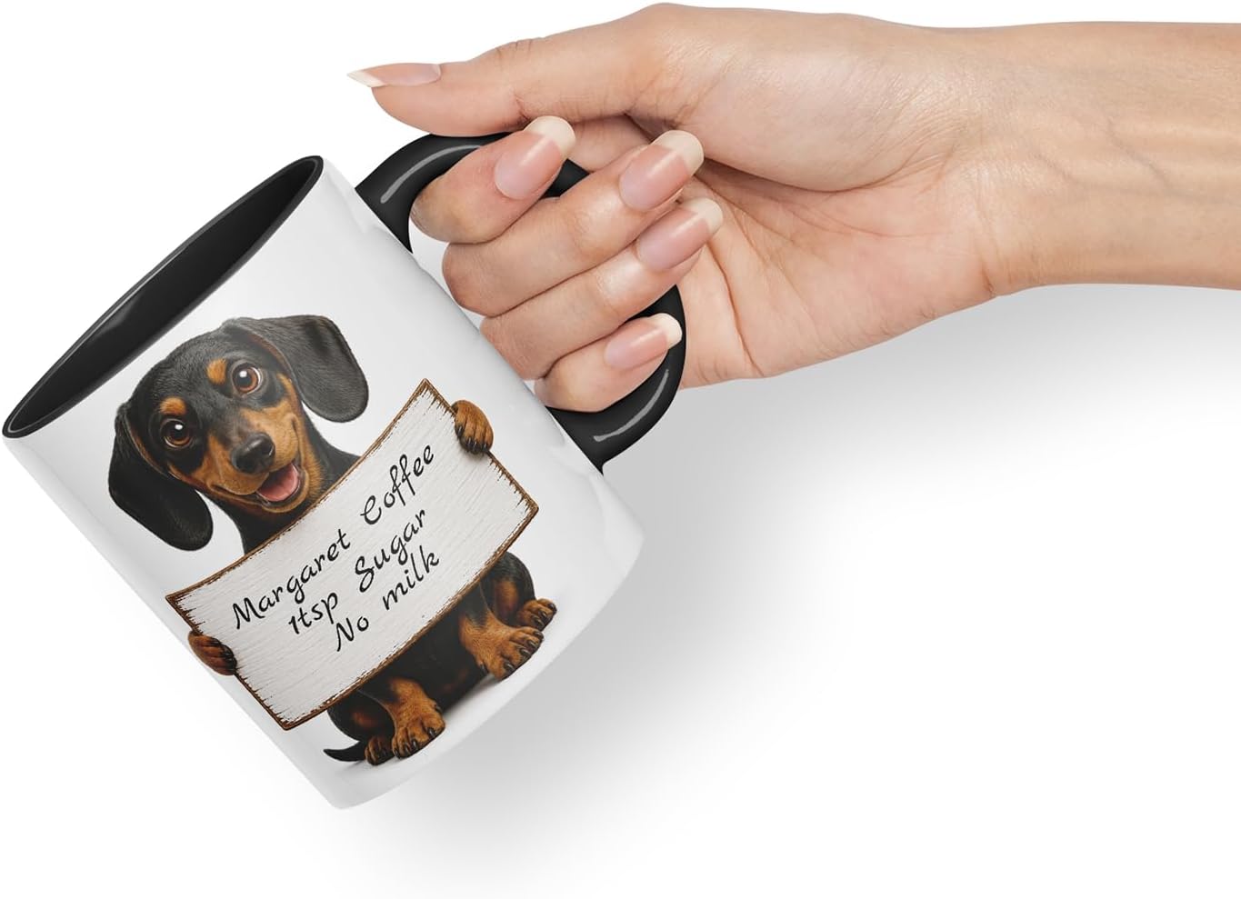Vixar Personalised Dachshund Dog Pet Mug with Name or Custom Message – Cute Animal Coloured Ceramic Mug Cup Gift, 11oz (Black)