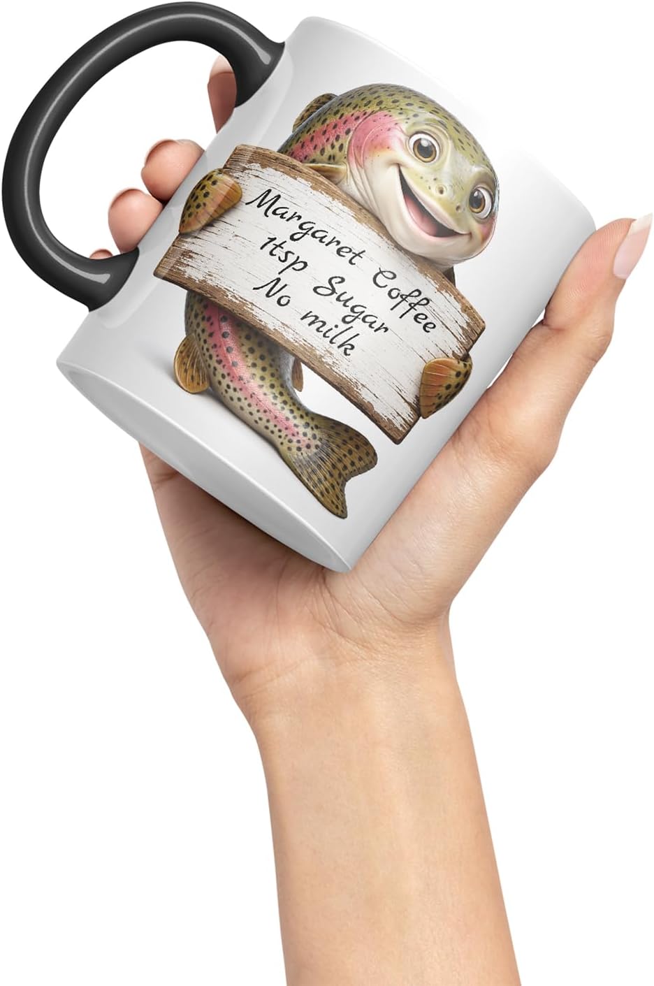 Vixar Personalised Trout Fish Mug with Name or Custom Message – Cute Animal Coloured Ceramic Mug Cup Gift, 11oz (Black)