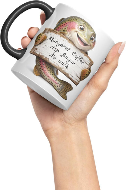 Vixar Personalised Trout Fish Mug with Name or Custom Message – Cute Animal Coloured Ceramic Mug Cup Gift, 11oz (Black)