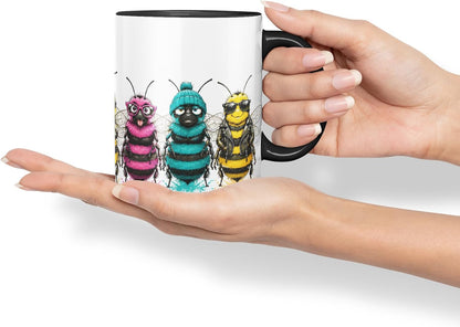 Vixar Funny Bees Mug – Cute Bee Animal Coloured Ceramic Mug Cup Gift, 11oz (Black)