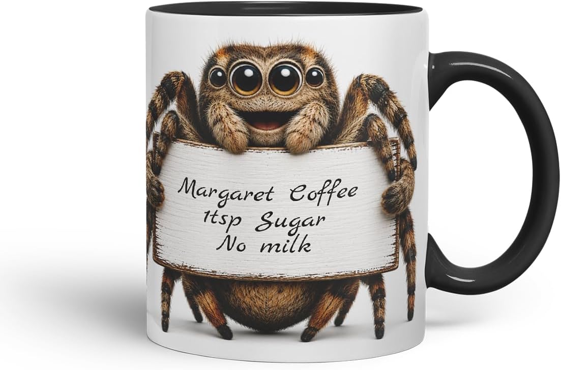 Vixar Personalised Spider Mug with Name or Custom Message – Cute Animal Coloured Ceramic Mug Cup Gift, 11oz (Black)