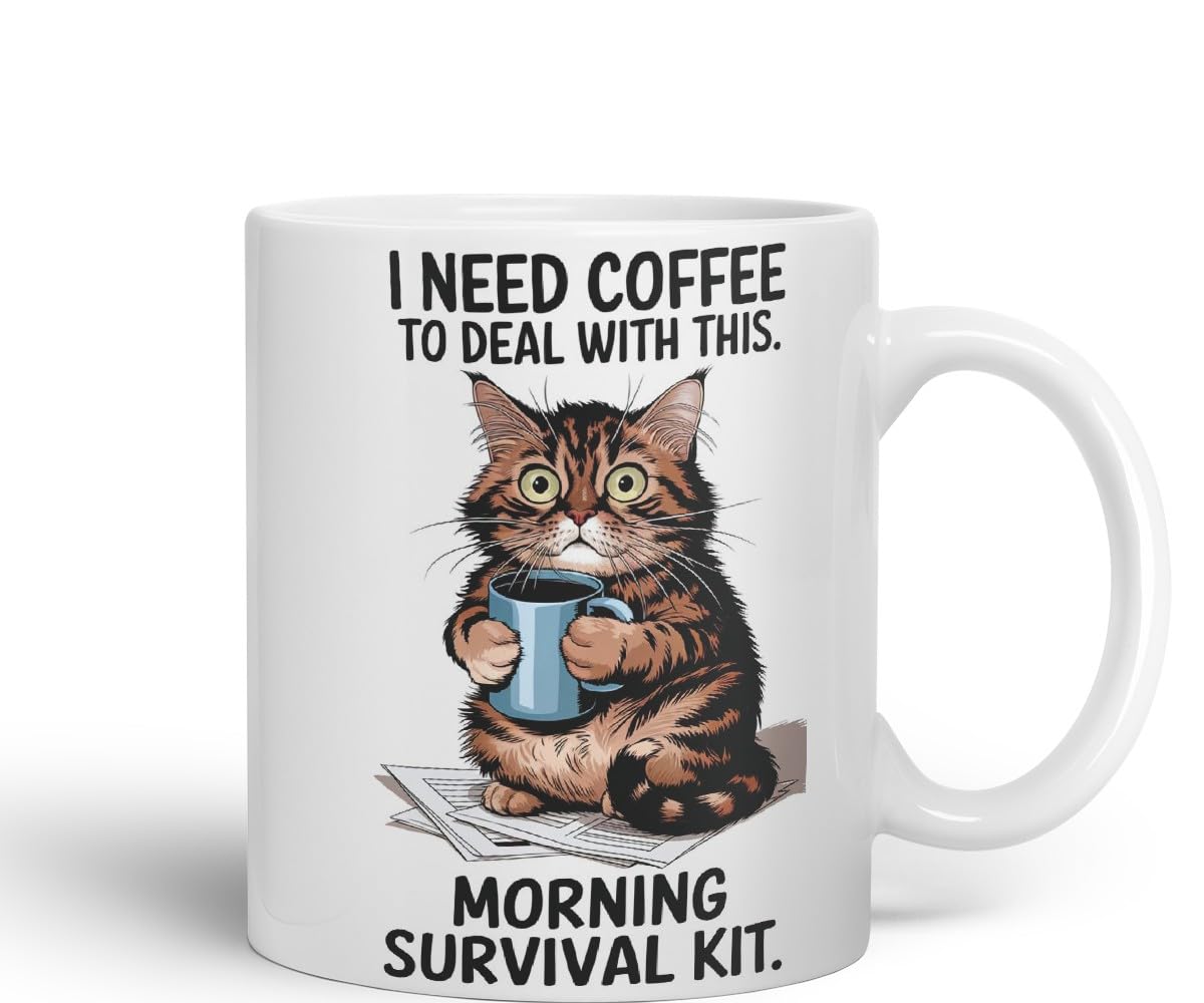 Vixar I Need Coffee to Deal with This Morning Survival Kit Cat Mug – Coloured Ceramic Mug Cup Gift, 11oz (Black)