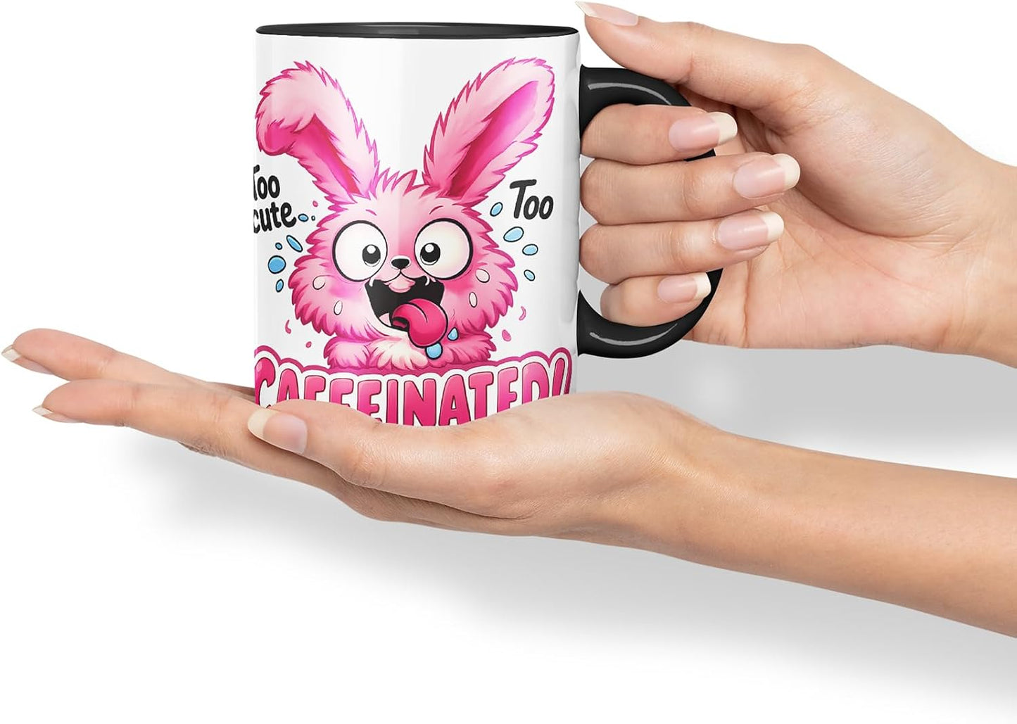 Vixar Too Cute Too Caffeinated Funny Bunny Mug – Coloured Ceramic Mug Cup Gift, 11oz (Black)