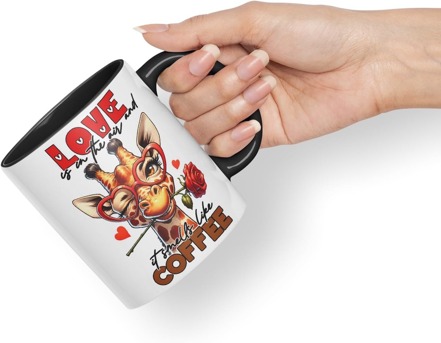 Vixar Love is in The Air and It Smells Like Coffee Sarcastic Giraffe Mug, Coloured Ceramic Cup 11oz (Black)