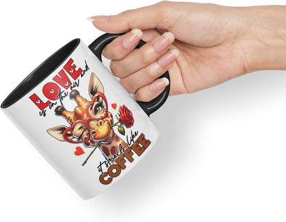 Vixar Love is in The Air and It Smells Like Coffee Sarcastic Giraffe Mug, Coloured Ceramic Cup 11oz (Black)