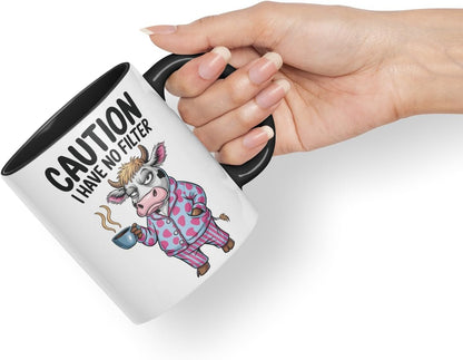 Vixar Caution I Have No Filter Cow Joke Coloured Ceramic Mug Cup Gift, 11oz (Black)