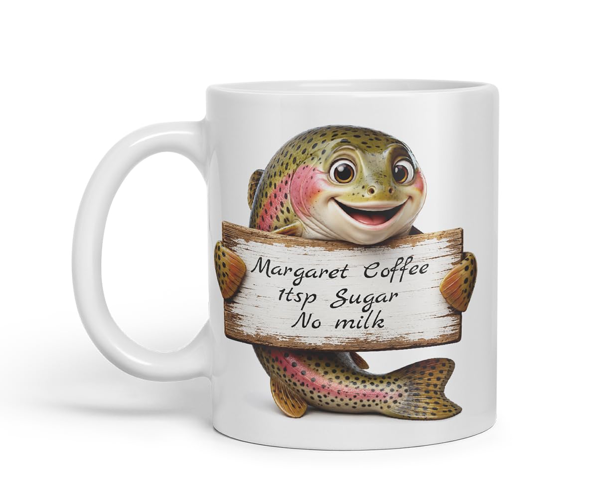 Vixar Personalised Trout Fish Mug with Name or Custom Message – Cute Animal Coloured Ceramic Mug Cup Gift, 11oz (Black)