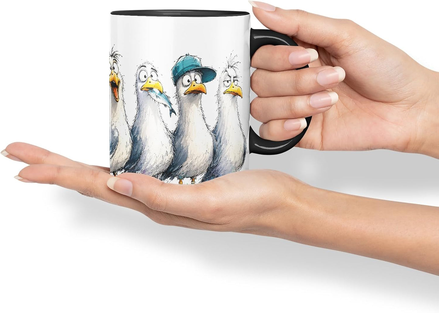 Seagulls Mug – Funny Sea Bird Coloured Ceramic Mug Cup Gift, 11oz (Black)