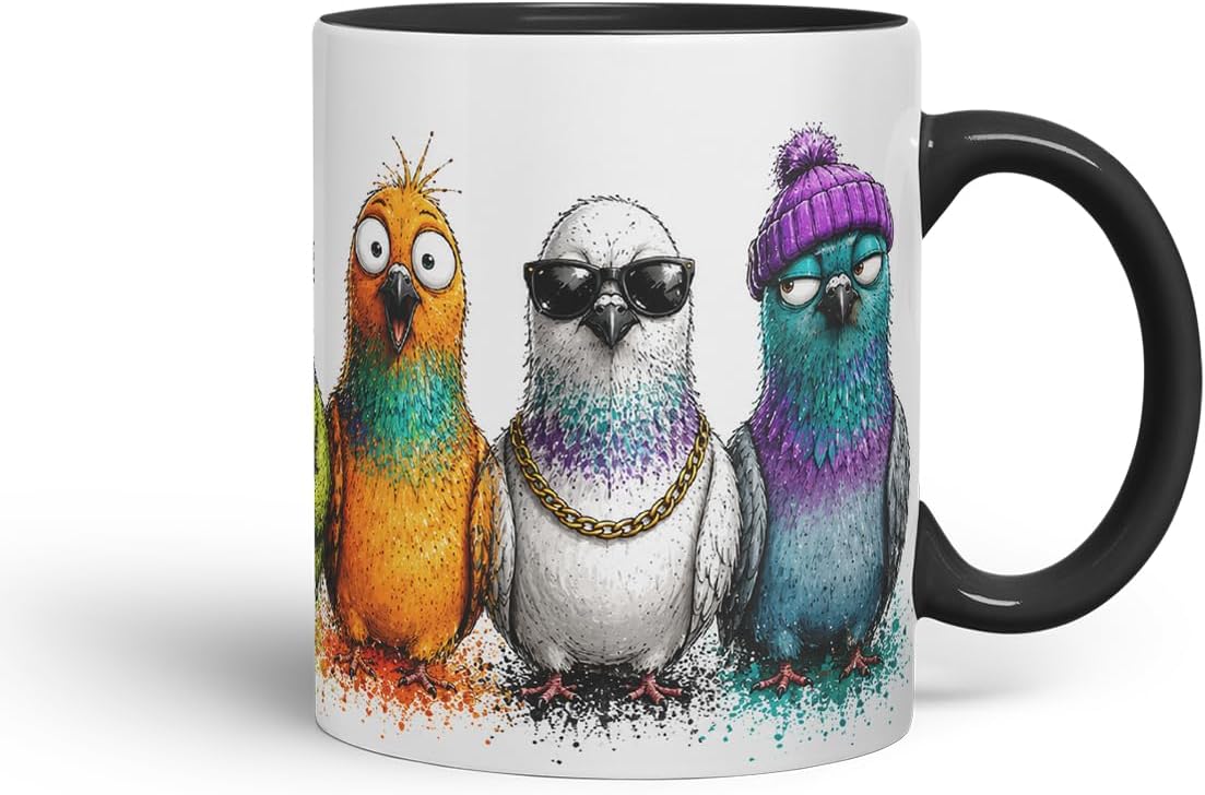 Pigeons Bird Mug – Cute Pigeons Coloured Ceramic Mug Cup Gift, 11oz (Black)