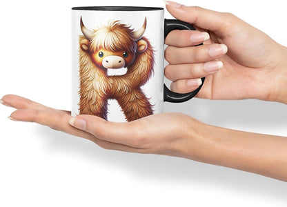 Highland Cow Alphabet Monogram Coloured Ceramic Cup Mug Letter R Rustic Farmhouse Animal Letter Gift V2 11oz (Black)