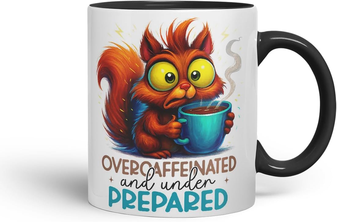 Vixar Overcaffeinated and Underprepared Funny Squirrel Mug – Coloured Ceramic Mug Cup Gift, 11oz (Black)