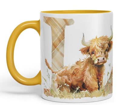 Vixar Highland Cow Alphabet Monogram Coloured Ceramic Cup Mug – Letter L – Rustic Farmhouse Animal Letter Gift – 11oz (Black)