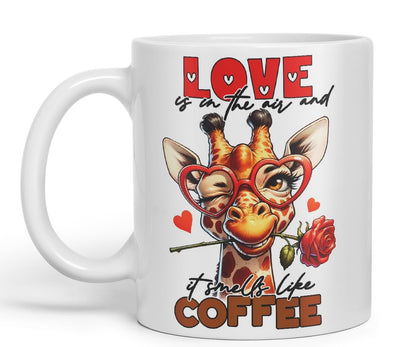 Vixar Love is in The Air and It Smells Like Coffee Sarcastic Giraffe Mug, Coloured Ceramic Cup 11oz (Black)