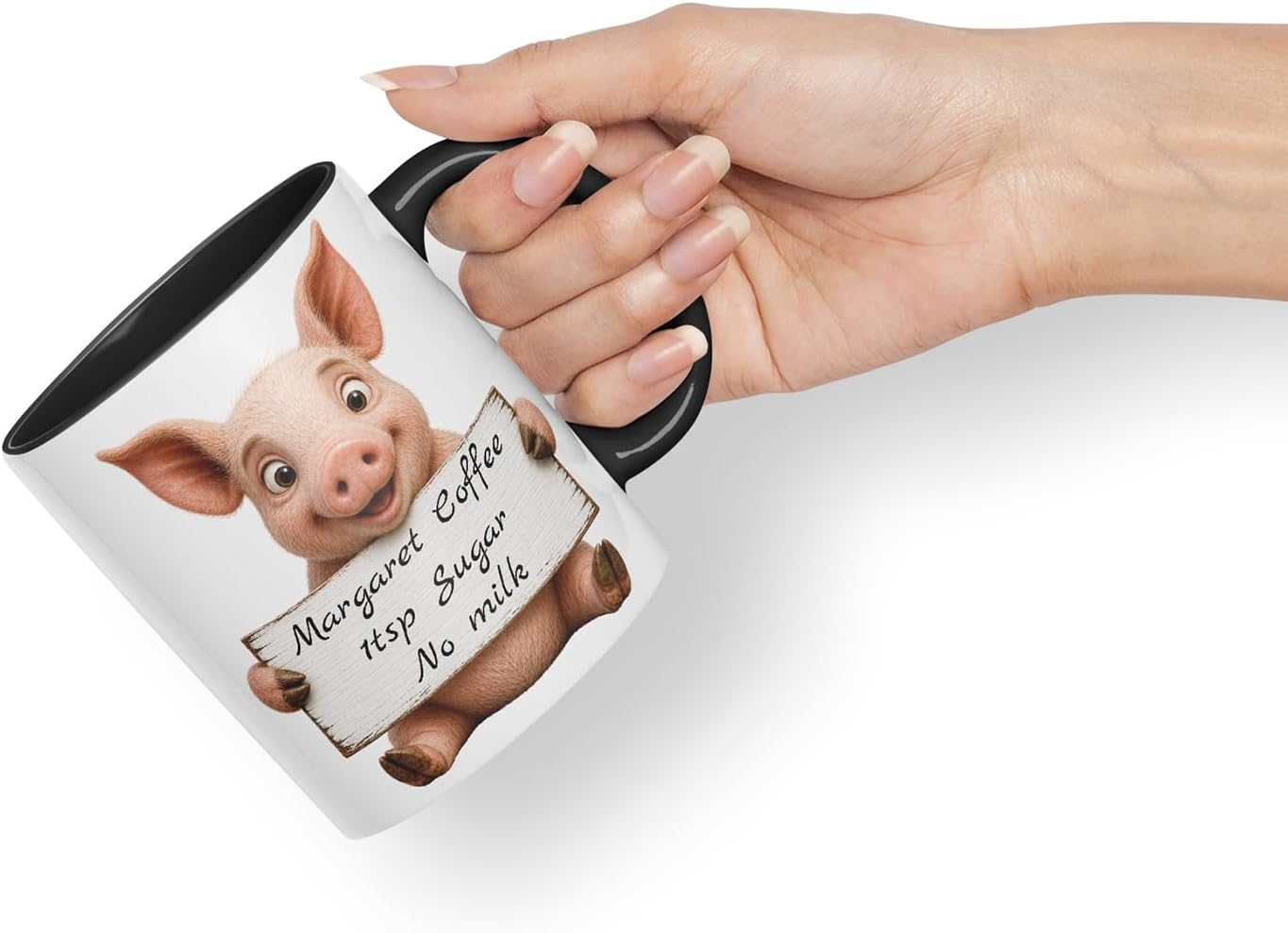 Vixar Personalised Pig Mug with Name or Custom Message – Cute Animal Coloured Ceramic Mug Cup Gift, 11oz (Black)