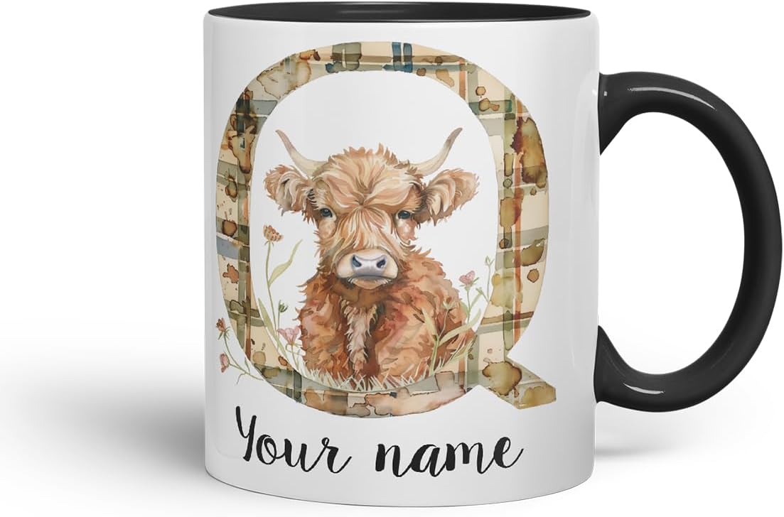 Vixar Personalised Highland Cow Initial Letter Q Custom Name Mug – Coloured Ceramic Mug Cup Gift, 11oz (Black)