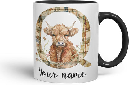Vixar Personalised Highland Cow Initial Letter Q Custom Name Mug – Coloured Ceramic Mug Cup Gift, 11oz (Black)