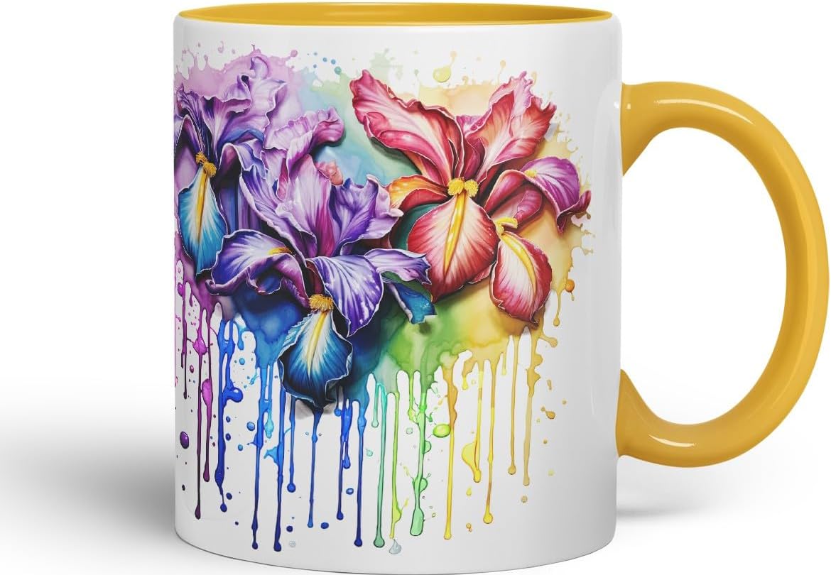 Vixar Iris Watercolour Garden Mug Coloured Ceramic Mug Cup Gift, 11oz (Gold Yellow)