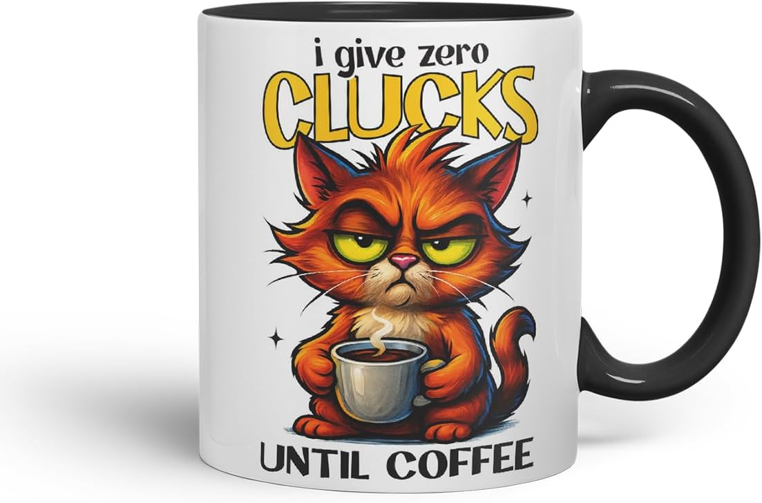 Vixar I Give Zero Clucks Until Coffee Funny Cat Mug – Coloured Ceramic Mug Cup Gift, 11oz (Black)
