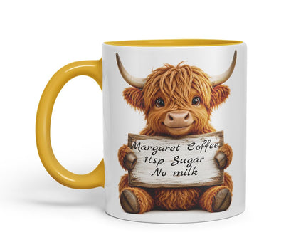 Vixar Personalised Highland Cow Mug with Name or Custom Message – Cute Animal Coloured Ceramic Mug Cup Gift, 11oz (Black)