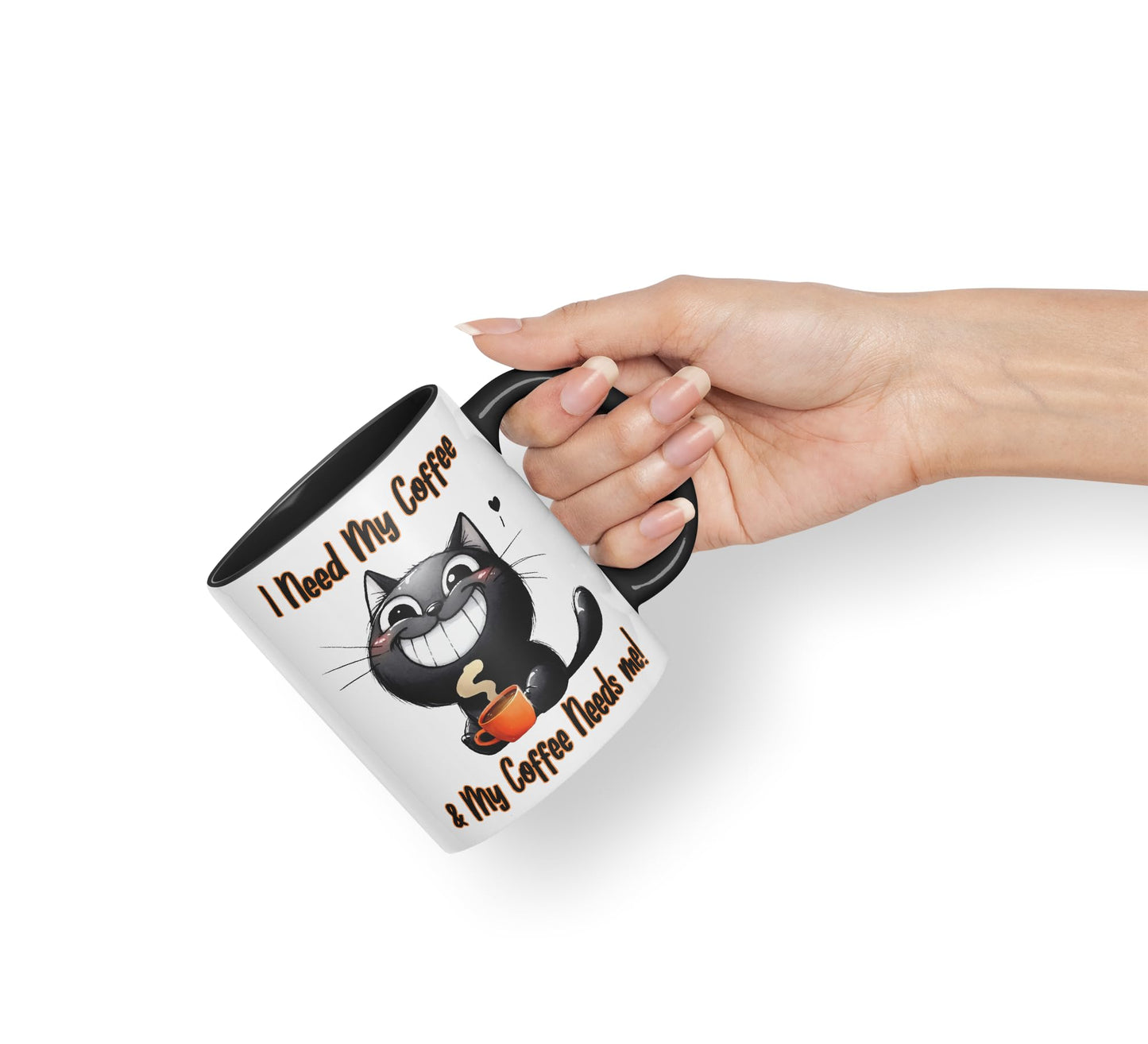 I Need My Coffee &My Coffee Needs Me! Cat Joke sarkasm Sarcastic Ceramic Coloured Mug Cup for Tea Coffee Hot Brew 330ml 11Oz Gift