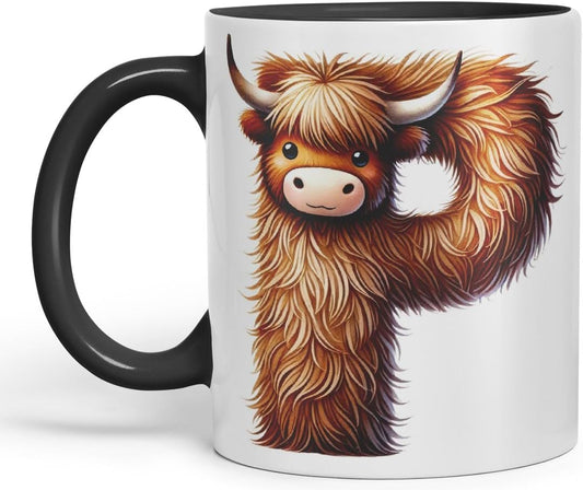Highland Cow Alphabet Monogram Coloured Ceramic Cup Mug Letter P Rustic Farmhouse Animal Letter Gift V2 11oz (Black)