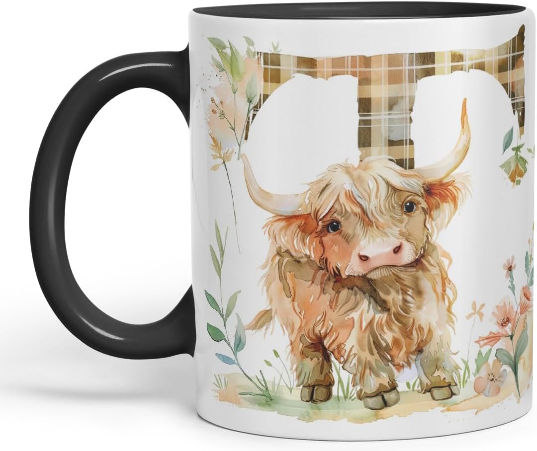 Vixar Highland Cow Alphabet Monogram Coloured Ceramic Cup Mug – Letter T – Rustic Farmhouse Animal Letter Gift – 11oz (Black)